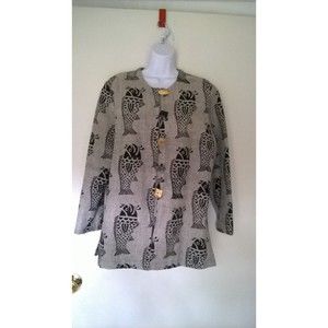 Nepal Cheppu Jacket Fish Print M Made In Nepal Wood Resin buttons 1980s